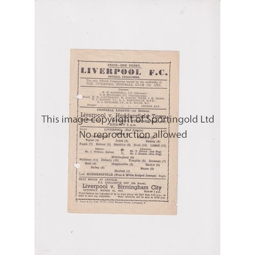 859 - LIVERPOOL     Single sheet programme for the home League match 22/2/1947 v Huddersfield, punched hol... 