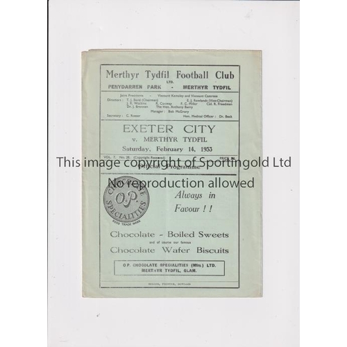 868 - MERTHYR TYDFIL V EXETER CITY 1953     Programme for the Southern League match at Merthyr 14/2/1953, ... 