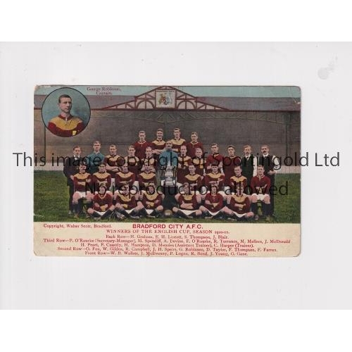 872 - BRADFORD CITY 1910-11      Colour team group postcard, Winners of the FA Cup, with the new trophy, f... 