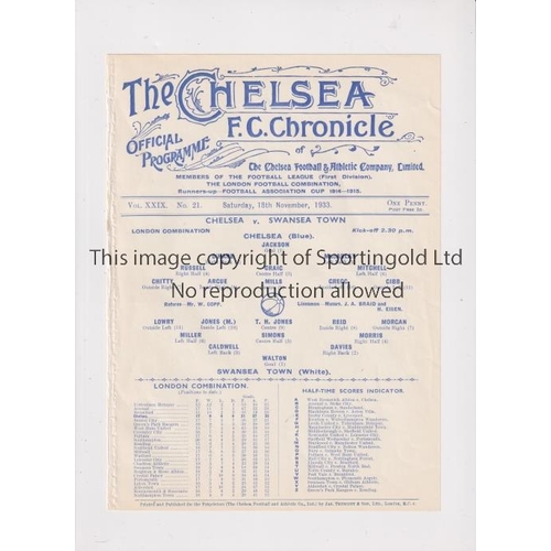 878 - CHELSEA     Single sheet programme for the home London Combination match v Swansea Town 18/11/1933, ... 