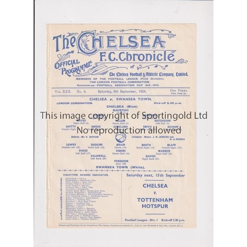 879 - CHELSEA     Single sheet programme for the home London Combination match v Swansea Town 8/9/1934, ex... 