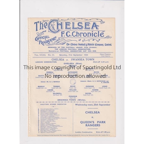 880 - CHELSEA     Single sheet programme for the home London Combination match v Swansea Town 21/9/1935, e... 