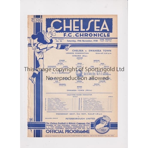 882 - CHELSEA     Single sheet programme for the home London Combination match v Swansea Town 19/11/1938, ... 