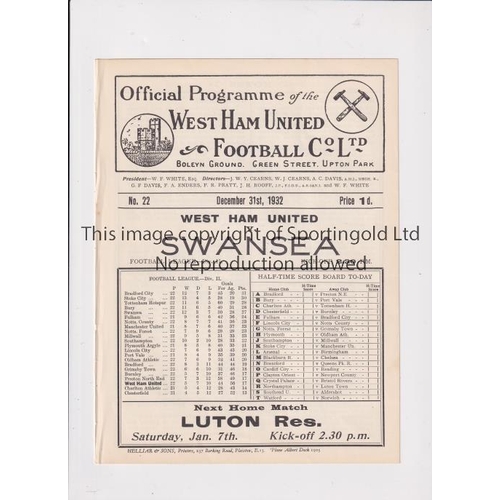 895 - WEST HAM UNITED     White issue programme for the home League match v Swansea Town 31/12/1932, ex-bi... 