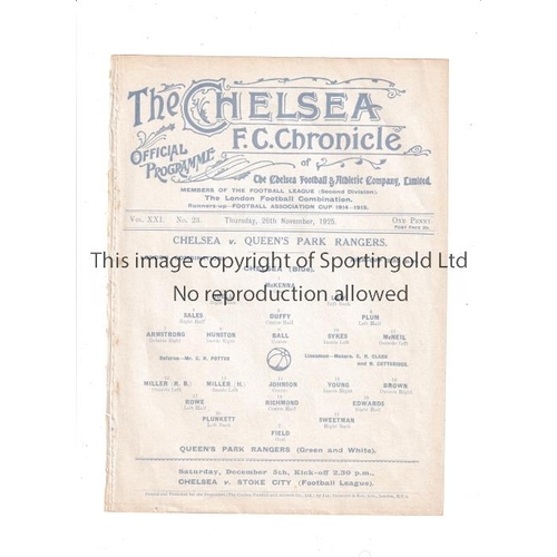 111 - CHELSEA       Single sheet programme for the home London Combination match v QPR 26/11/1925, ex-bind... 