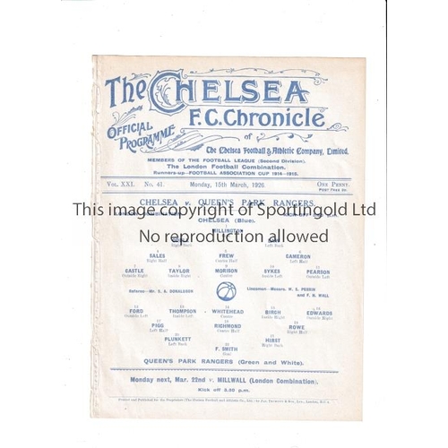 112 - CHELSEA       Single sheet programme for the home London Combination match v QPR 15/3/1926, ex-binde... 