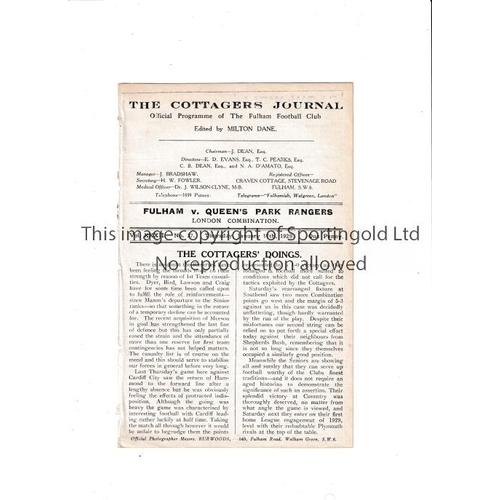 115 - FULHAM V QPR 1929      Programme for the London Combination match at Fulham 17/1/1929, ex-binder.   ... 