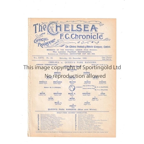 121 - CHELSEA       Single sheet programme for the home London Combination match v QPR 6/12/1930, ex-binde... 