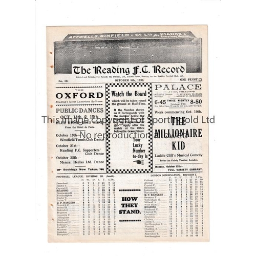 124 - READING V QPR 1932     Single sheet programme for the London Combination match at Reading 8/10/1932,... 