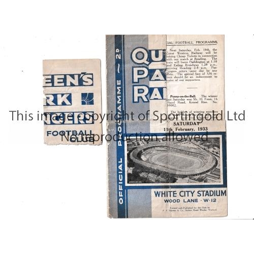 125 - QPR V CARDIFF CITY 1933    Programme for the League match at Rangers 11/2/1933. Back page missing, s... 