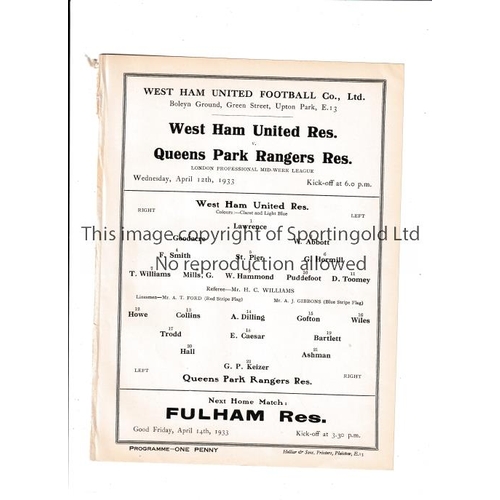 126 - WEST HAM UNITED     Programme for the home London Professional Mid-Week League match v QPR 12/4/1933... 