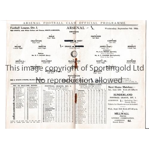 135 - ARSENAL   Programme for the home League match v Brentford 9/9/1936, very slight vertical crease, tea... 