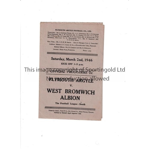 1467 - PLYMOUTH ARGYLE V WBA 1946   Programme for the FLS match at Plymouth 2/3/1946, slightly creased.    ... 