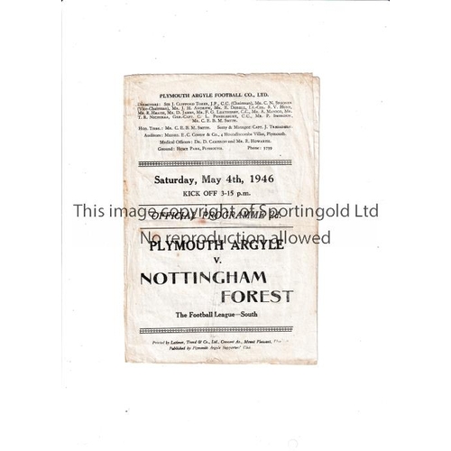 1468 - PLYMOUTH ARGYLE V NOTTINGHAM FOREST 1946   Programme for the FLS match at Plymouth 4/5/1946, creased... 