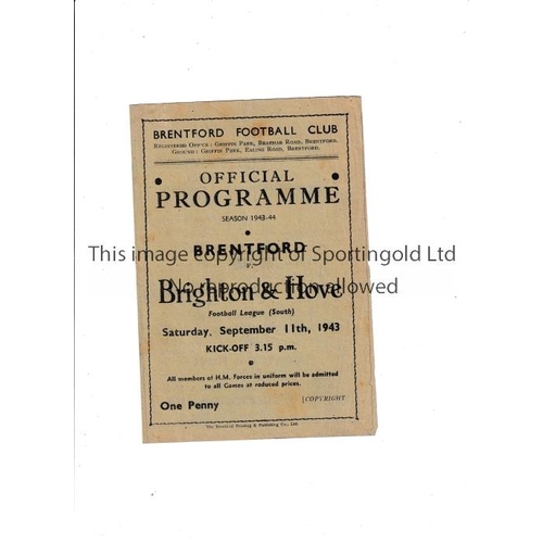 147 - BRENTFORD     Programme for the home FL South match v Brighton 11/9/1943, slightly creased.   Genera... 