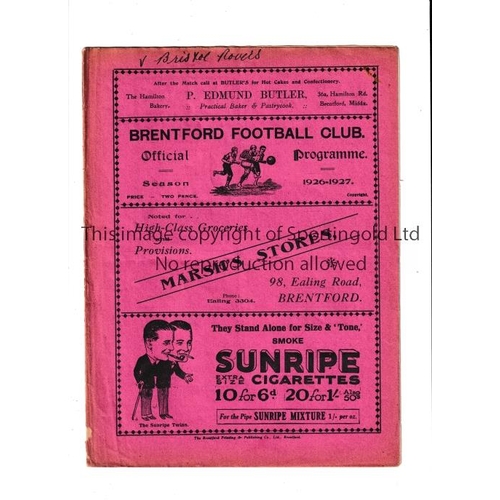 148 - BRENTFORD     Programme for the home League game v Bristol Rovers 12/2/1927, name written on the cov... 