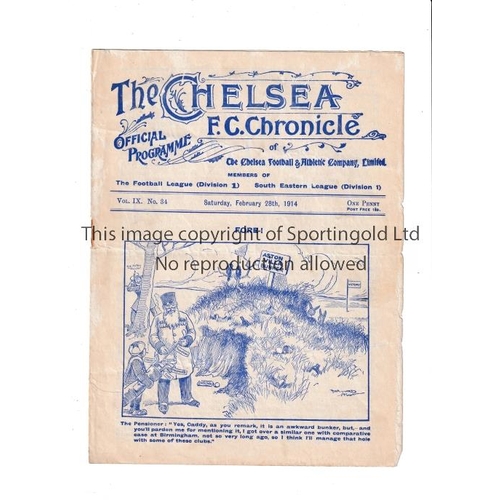 1484 - CHELSEA     Programme for the home League match v Aston Villa 28/2/1914, slightly creased and scores... 