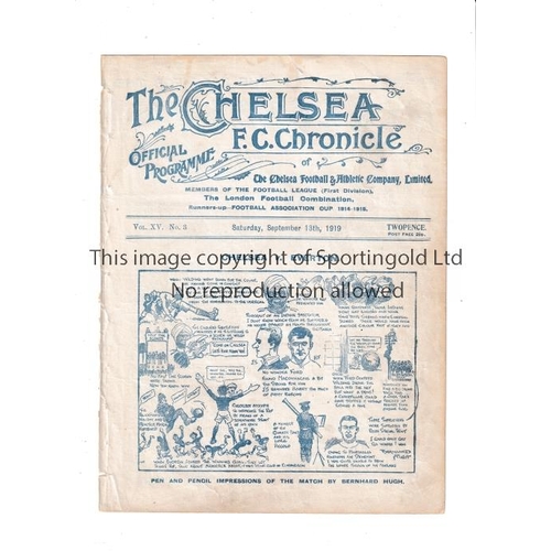 1485 - CHELSEA     Programme for the home League match v Newcastle United 13/9/1919, ex-binder.    Generall... 