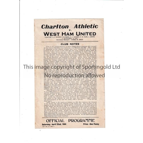 1488 - CHARLTON ATHLETIC     Single sheet programme for the home FL South match v West Ham United 22/4/1944... 