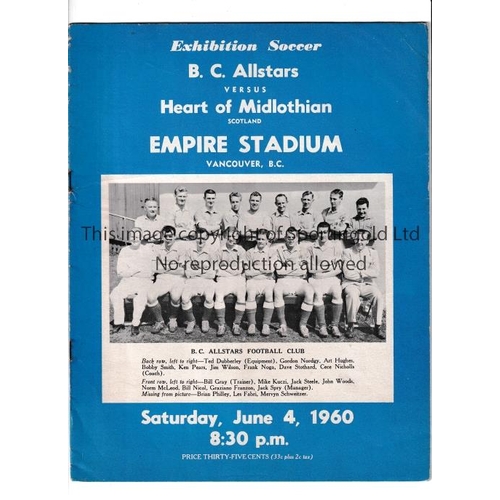 1498 - HEARTS     Programme for the match v British Columbia Allstars 4/6/1960 in Vancouver.    Good