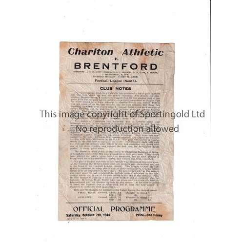 151 - CHARLTON ATHLETIC   Programme for the home FL South match v Brentford 7/10/1944, creased, marked and... 