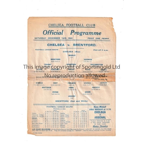 153 - CHELSEA      Programme for the away London War League match v Brentford 19/12/1942, tape on the back... 