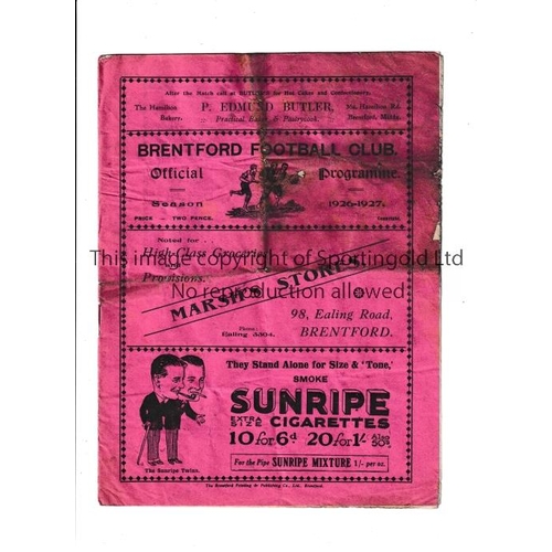 154 - BRENTFORD     Programme for the home League match v Coventry City 23/10/1926, folded in four, worn a... 