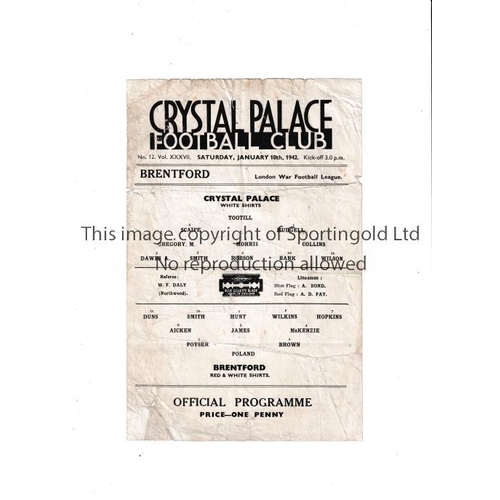 155 - CRYSTAL PALACE    Programme for the home London War League match v Brentford 10/1/1942, creased, sli... 