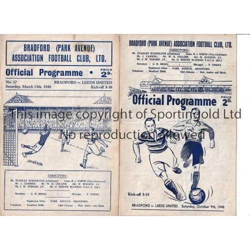 166 - LEEDS UNITED     Two away programmes v Bradford Park Avenue 13/3/47, slightly creased and 9/10/48, r... 