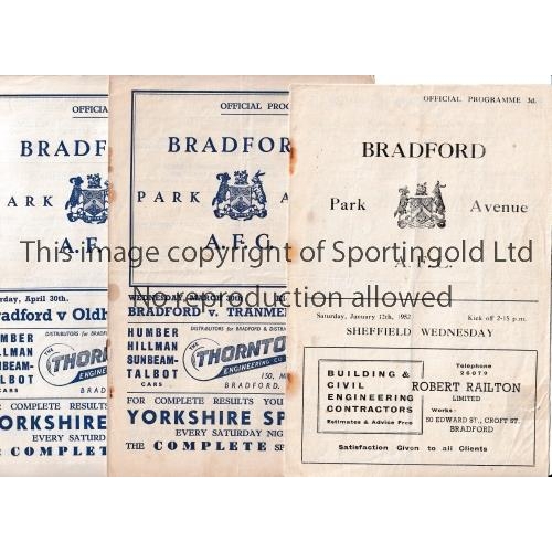 171 - BRADFORD PARK AVENUE     Six home programmes v Sheff Wed 12/1/52, staples rusted away, Tranmere 30/3... 