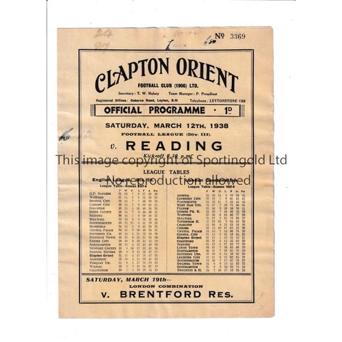 179 - CLAPTON ORIENT       Home programme for the home League match v Reading 12/3/38. Some writing on the... 