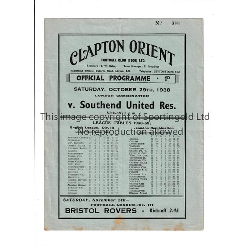 180 - CLAPTON ORIENT    Home programme for the London Combination match v Southend United 29/10/38, slight... 