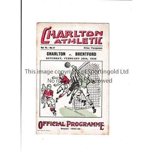 182 - CHARLTON ATHLETIC      Home programme for the League match v Brentford 26/2/38.     Generally good