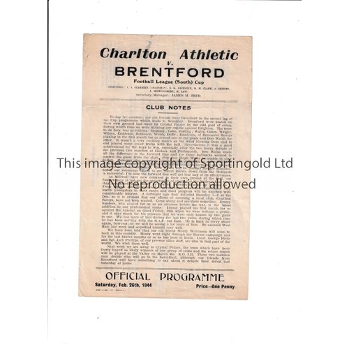 184 - CHARLTON ATHLETIC     Single sheet home programme for the Football League South Cup match v Brentfor... 