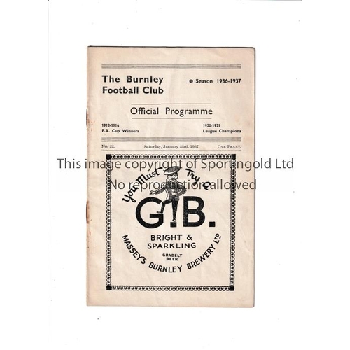 186 - BURNLEY      Programme for the home League match v Bradford City 23/1/37, slightly creased.     Gene... 