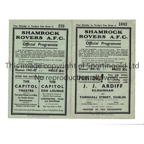 206 - SHAMROCK ROVERS       Two homes programmes for the 1941/2 season v Drumcondra 28/9/1941, slightly wo... 