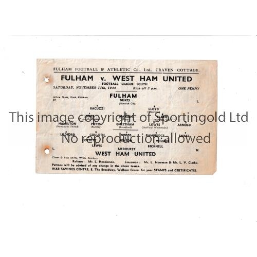 22 - FULHAM V WEST HAM UNITED 1944     Single sheet programme for the FL South match at Fulham 11/11/1944... 