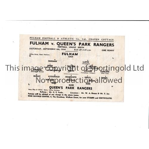 23 - FULHAM V QPR 1944     Single sheet programme for the FL South match at Fulham 9/9/1944, slightly cre... 