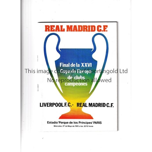 267 - 1981 EUROPEAN CUP FINAL       Official 52 page programme issued by Real Madrid for the match in Pari... 