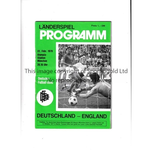 279 - BOBBY CHARLTON AUTOGRAPH      Programme for West Germany at home v England 22/2/1978 in Munich, sign... 