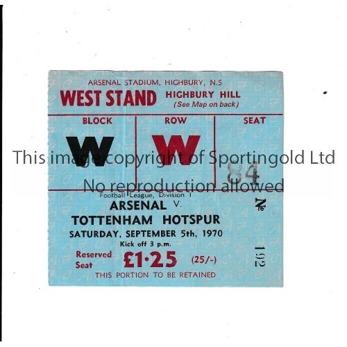 298 - ARSENAL V TOTTENHAM HOTSPUR 1970/1     Ticket for the League match at Highbury 5/9/1970 in Arsenal's... 