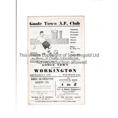 312 - GOOLE TOWN V WORKINGTON 1956 FA CUP     Programme for the tie at Goole 8/12/1956, very slightly crea... 