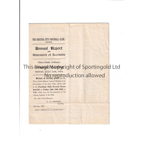 323 - BRISTOL CITY        Annual Report and Statement of Accounts for season 1934/5 for the OGM 12/7/1935.... 