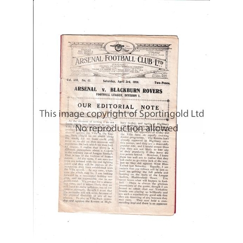 33 - ARSENAL     Programme for the home League match v Blackburn Rovers 3/4/1926, slightly creased and te... 