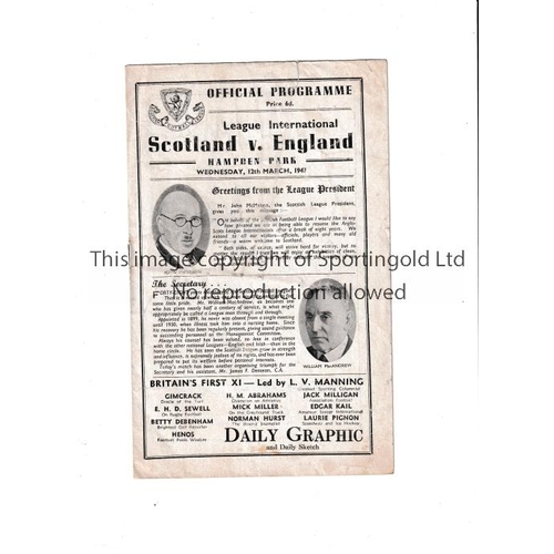 331 - SCOTTISH LEAGUE V ENGLISH LEAGUE 1947     Programme for the match at Hampden Park 12/3/1947, slightl... 