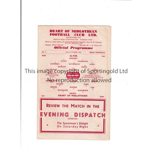 337 - HEARTS V CLYDE 1946     Programme for the League match at Hearts 12/10/1946, slight damage to the to... 