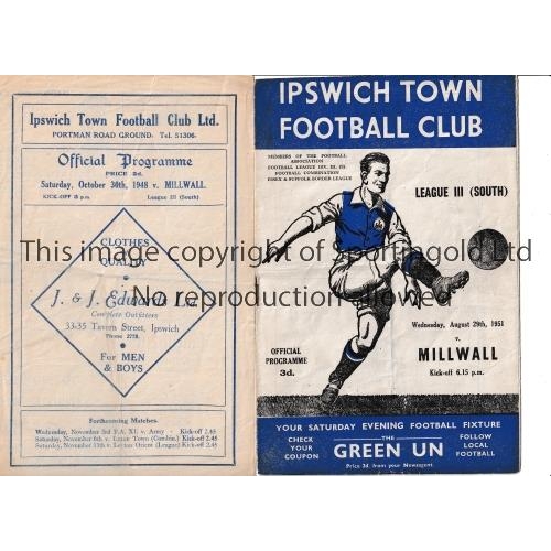 339 - IPSWICH TOWN V MILLWALL      Two programmes for League matches at Ipswich 48/49 and 51/52, both slig... 