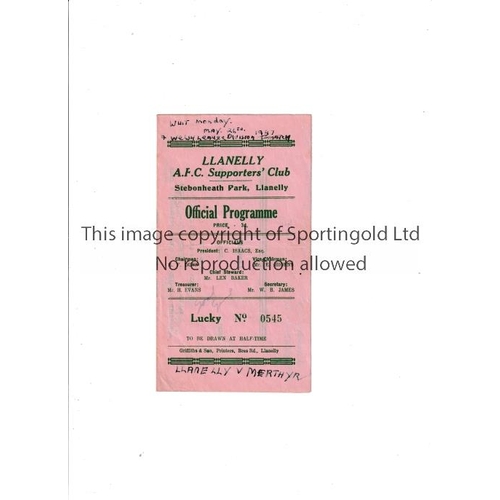 351 - LLANELLY V MERTHYR     Programme for the Welsh League Division One match at Llanelly 26/5/1947 with ... 