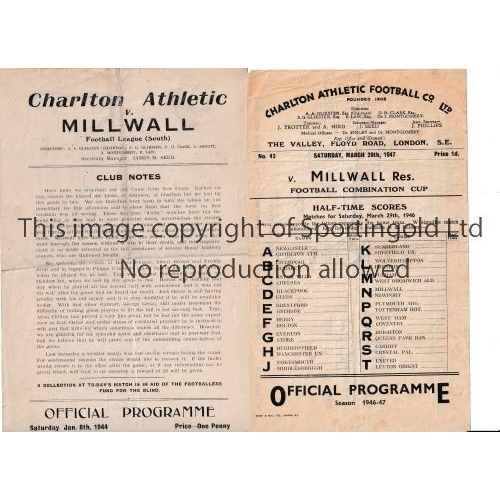 357 - CHARLTON ATHLETIC V MILLWALL     Two single sheet programmes for matches at Charlton 8/1/1944 FL Sou... 