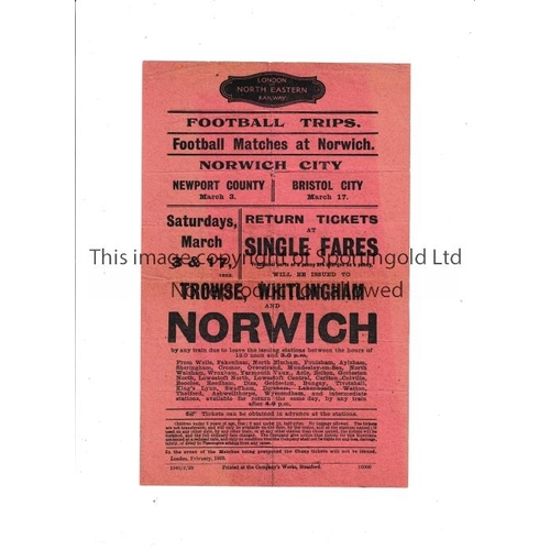 387 - 1923 NORWICH CITY   An original railway handbill for the games at Norwich City against Newport on 3/... 